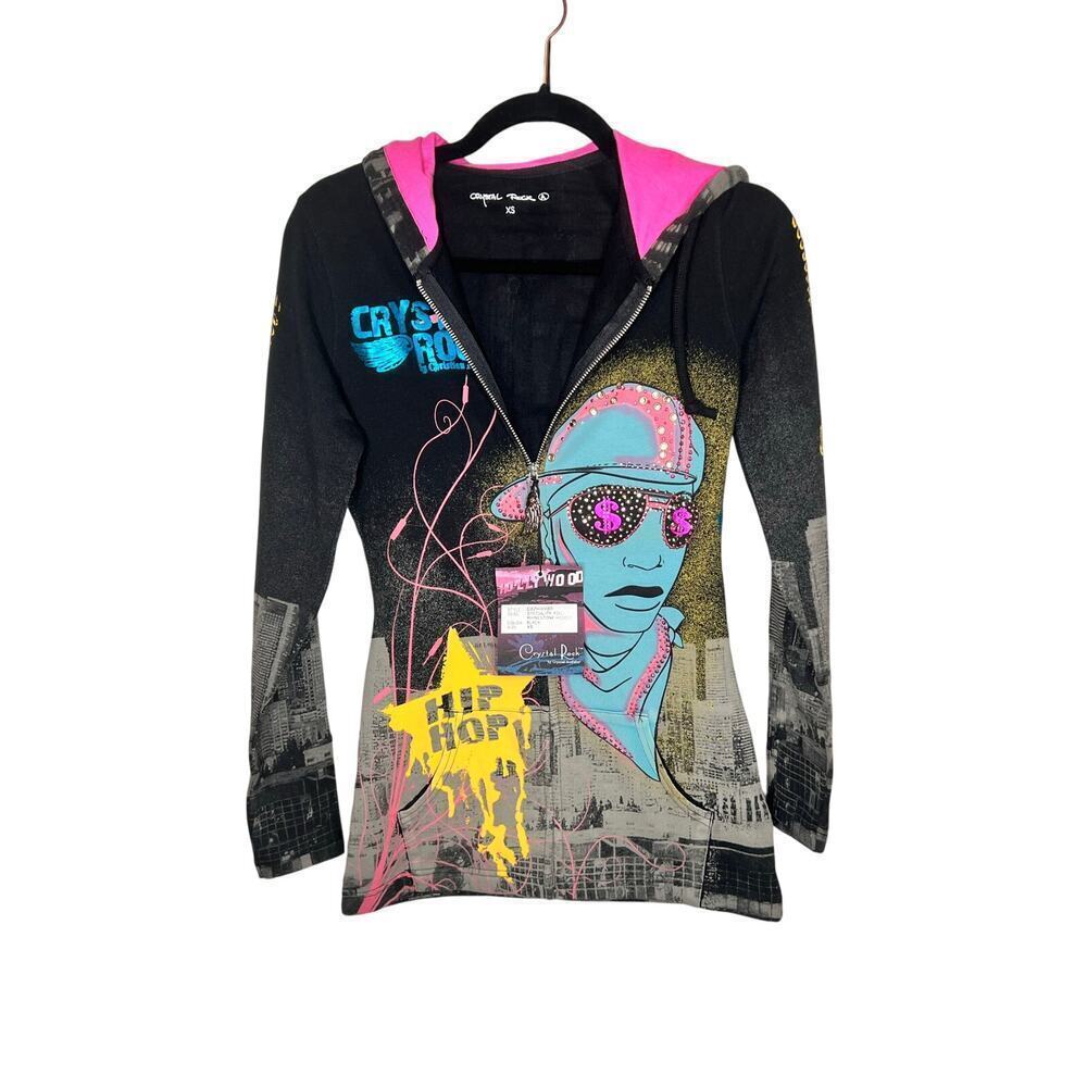 Crystal Rock Womens Speciality Foil Rhinestone Hoodie Full Zip Black Size XS NWT